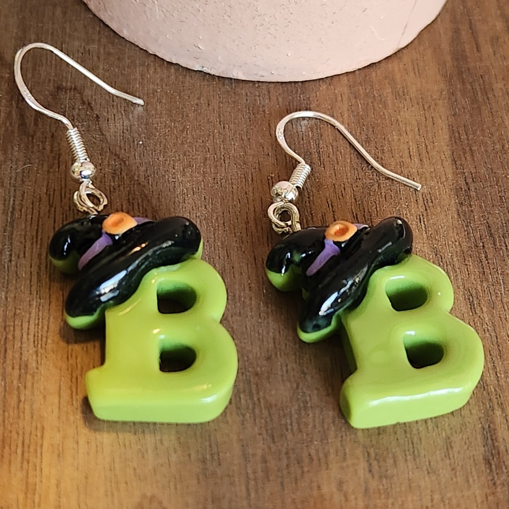 Halloween Witch Hat Letter B Dangle‎ Earrings Lime Green Spooky Holiday Jewelry